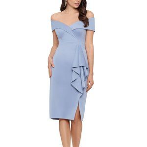 XSCAPE Petite Waterfall-Ruffle Off-the-Shoulder Gown Sky Blue Size 2P